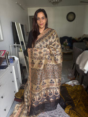 Natural dye Ajrakh hand block print linen silk saree with blouse piece MF0066